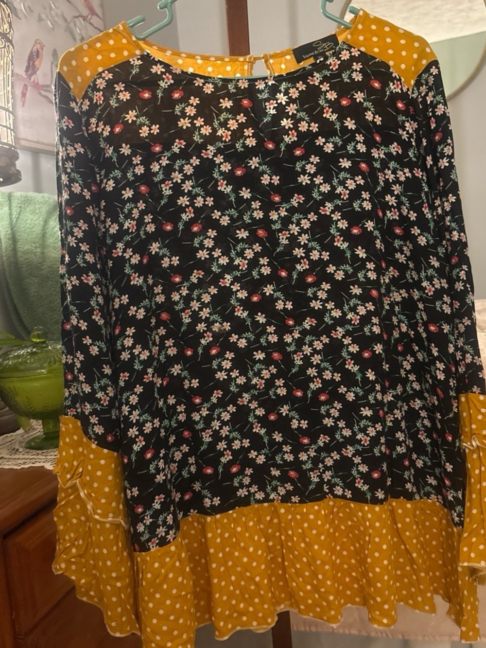 Suzanne Betro Black Floral Blouse with Mustard Polka Dot Trim